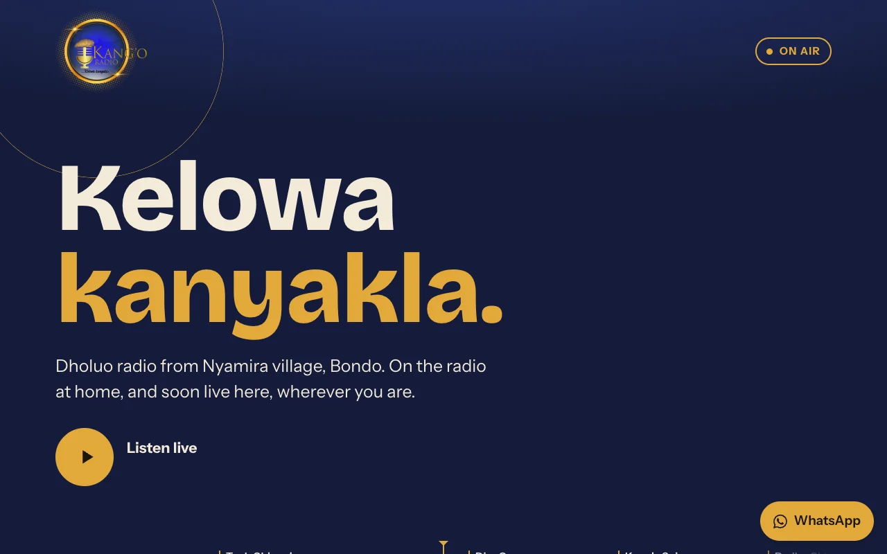 The first screen of the Kang'o Radio website on a desktop and on a phone: the station's gold logo and the headline “Kelowa kanyakla” on a night-blue background, with the Listen live button.