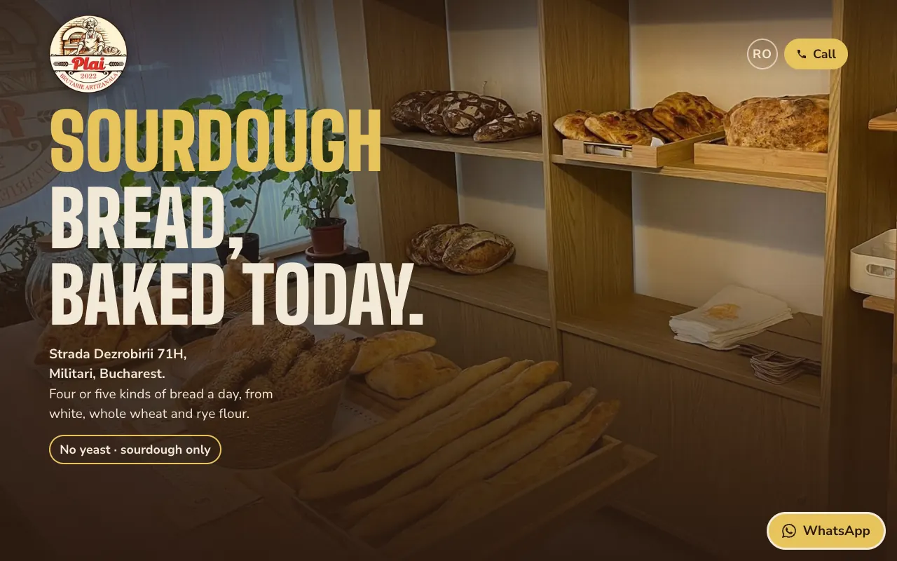 The first screen of the Brutăria Artizanală Plai website on a desktop and on a phone: the bakery's shelves of bread under the headline “Sourdough bread, baked today”.